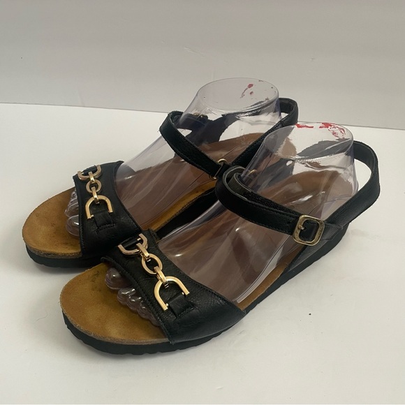 Naot Shoes - Naot Aubrey Sandals Womens 42 / 11 Black Leather Wedge Ankle Strap Chain Casual